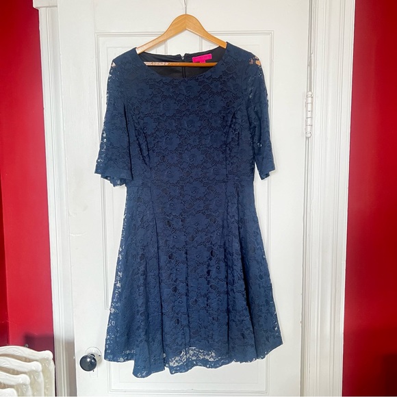 BETSEY JOHNSON Vintage Navy Blue Lace Dress Size 14 - Picture 1 of 10